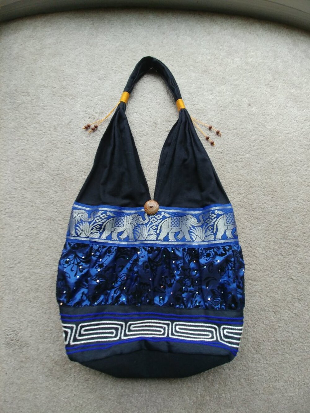 New Unique Cotton Bag, Elephant Motif, Wooden Bead Accents. 14 in. x 24 in.
